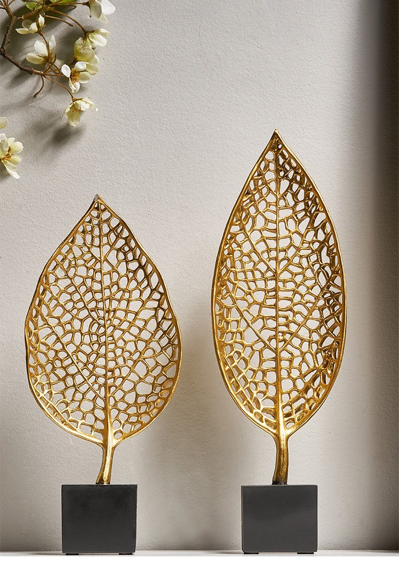 Golden Botanical Leaf Sculpture on Stand