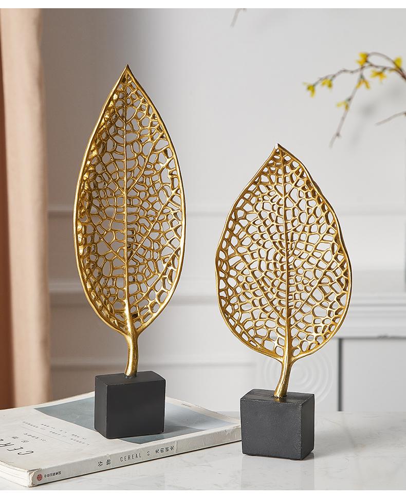 Golden Botanical Leaf Sculpture on Stand