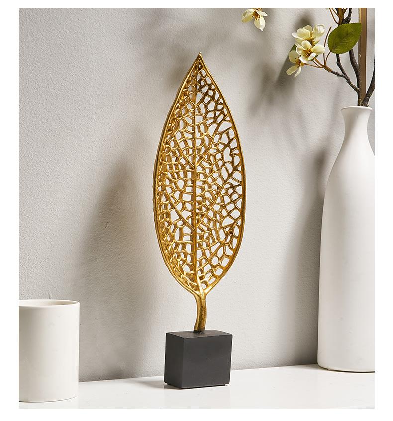 Golden Botanical Leaf Sculpture on Stand