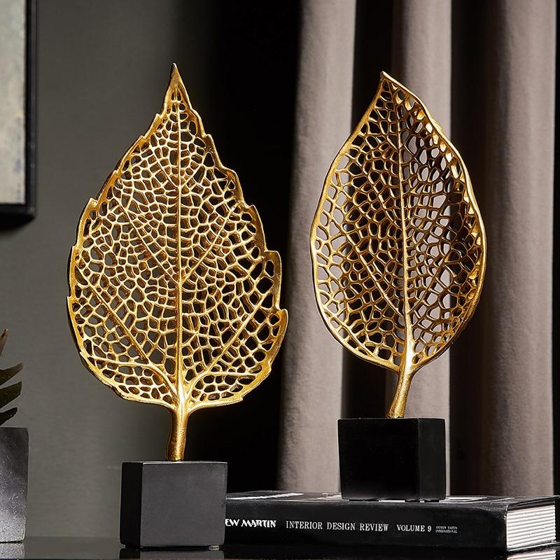 Golden Botanical Leaf Sculpture on Stand