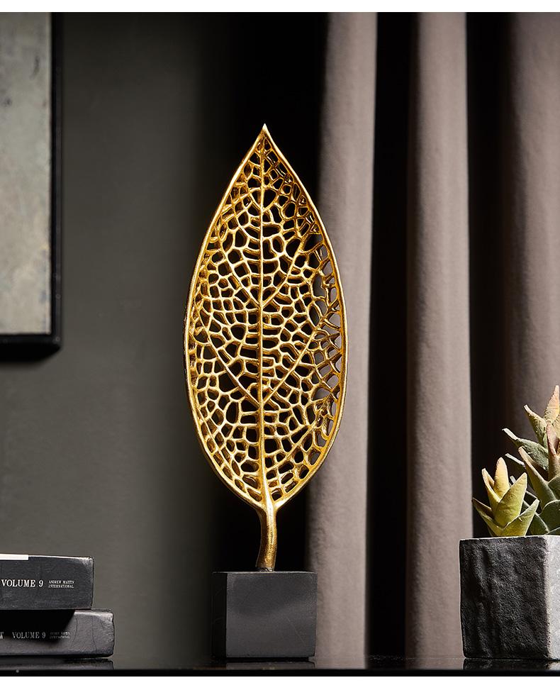 Golden Botanical Leaf Sculpture on Stand