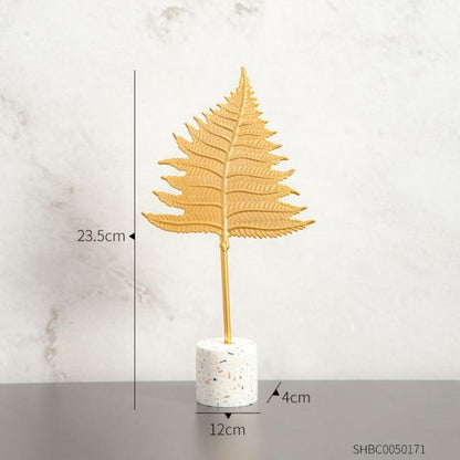 Golden Botanical Leaf Sculpture on Stand