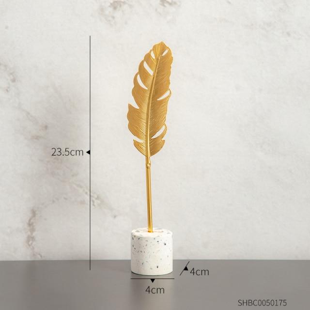 Golden Botanical Leaf Sculpture on Stand