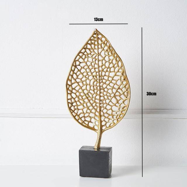 Golden Botanical Leaf Sculpture on Stand