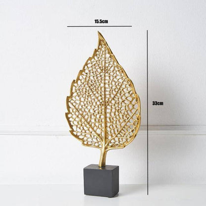 Golden Botanical Leaf Sculpture on Stand