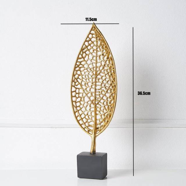 Golden Botanical Leaf Sculpture on Stand