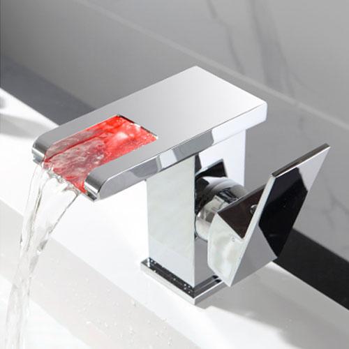 LED Waterfall Bathroom Basin Faucet, Single Handle Cold Hot Water Mixer Sink Tap RGB Color Change Powered by Water Flow