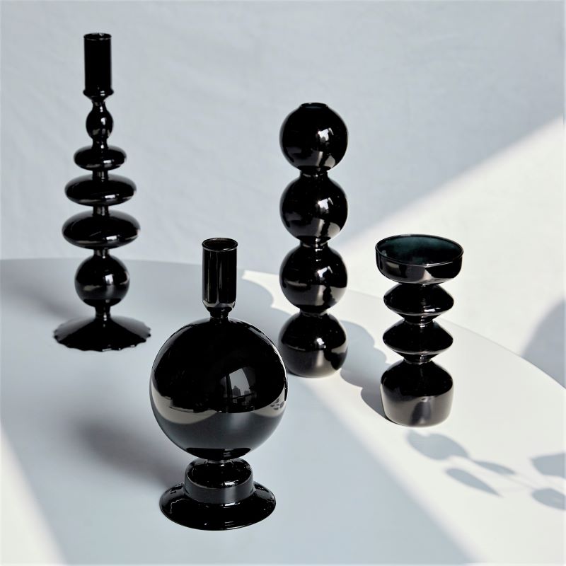 Miravique Black Glass Taper Candle Holder & Vases