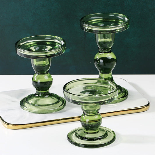 Miravique Green Vintage Glass Taper Candlestick Holders