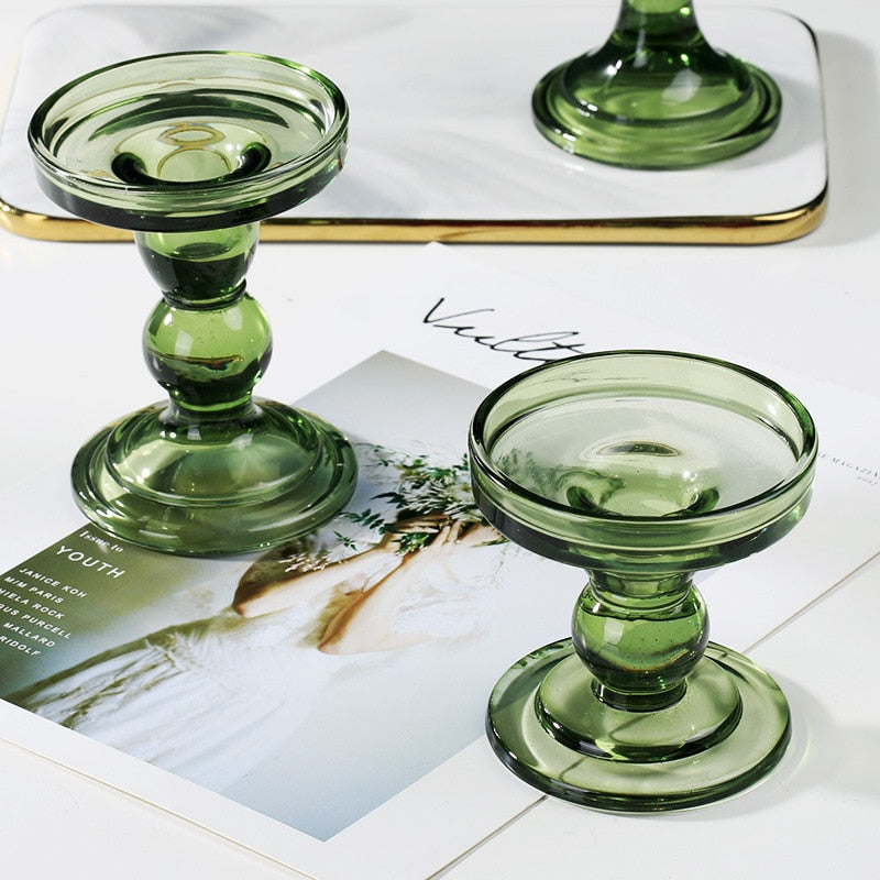 Miravique Green Vintage Glass Taper Candlestick Holders