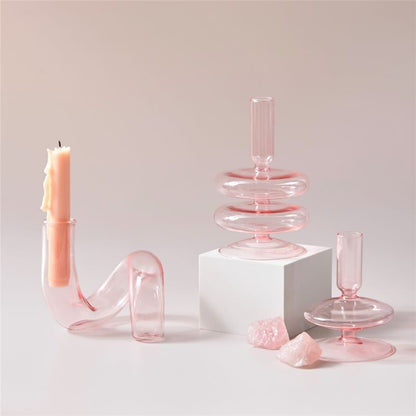 Miravique Pink Glass Taper Candle Holder & Vases