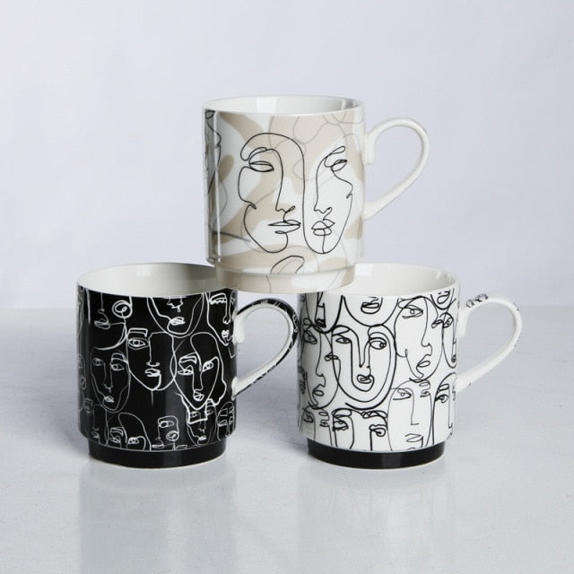 Abstract Face Line Drawing Coffee Cups