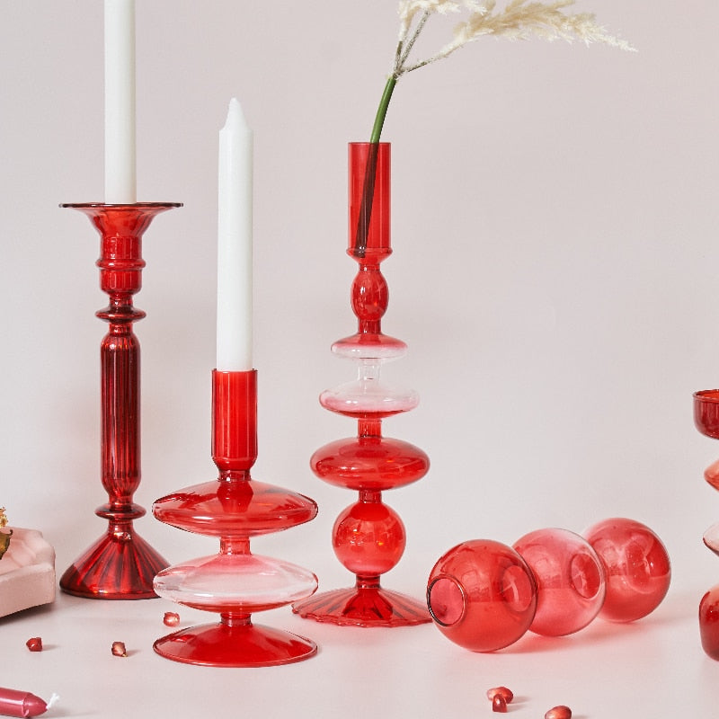 Miravique Red Glass Taper Candle Holders & Vases