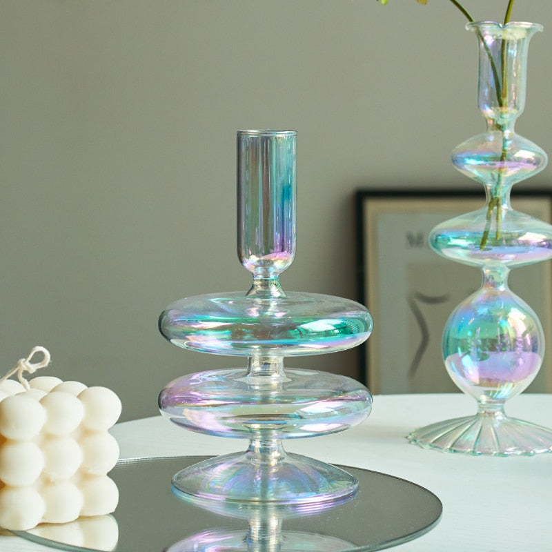 Miravique Iridescent Rainbow Glass Taper Candle Holders & Vases