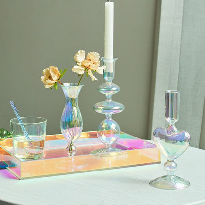 Miravique Iridescent Rainbow Glass Taper Candle Holders & Vases