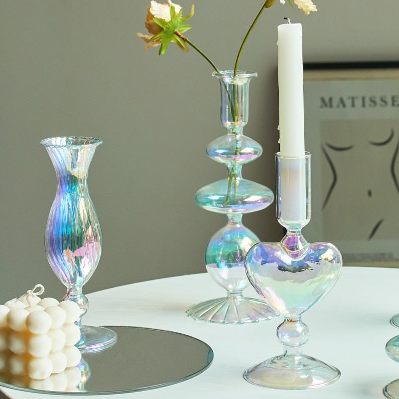 Miravique Iridescent Rainbow Glass Taper Candle Holders & Vases