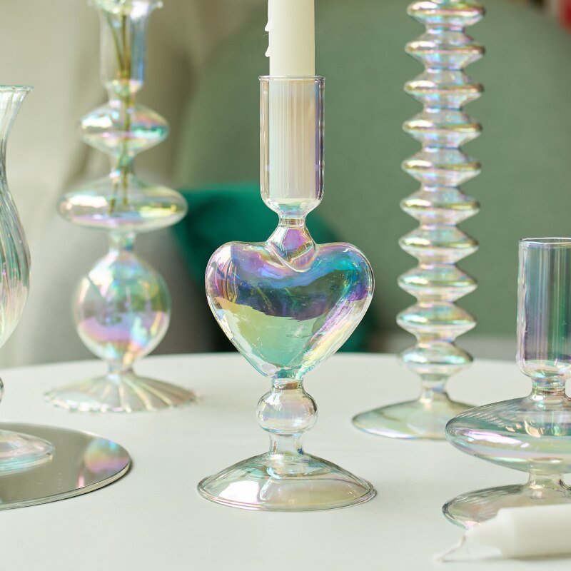 Miravique Iridescent Rainbow Glass Taper Candle Holders & Vases