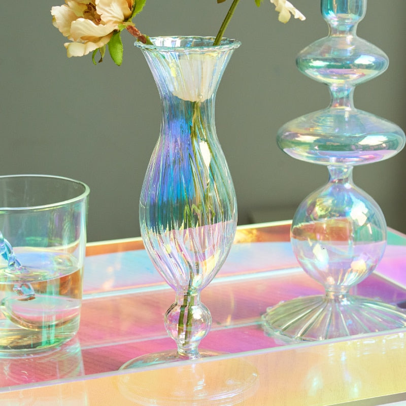 Miravique Iridescent Rainbow Glass Taper Candle Holders & Vases