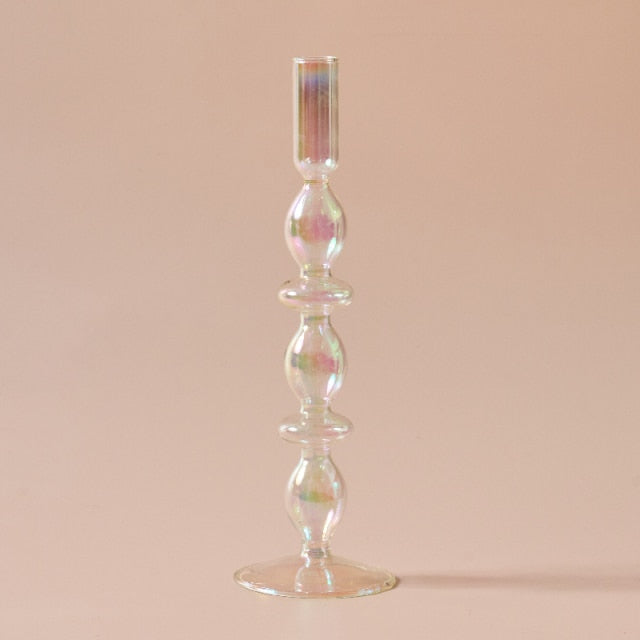 Clear Iridescent Rainbow Glass Taper Candle Holders & Vases