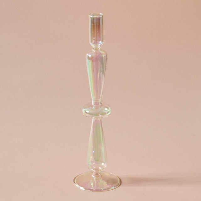 Clear Iridescent Rainbow Glass Taper Candle Holders & Vases