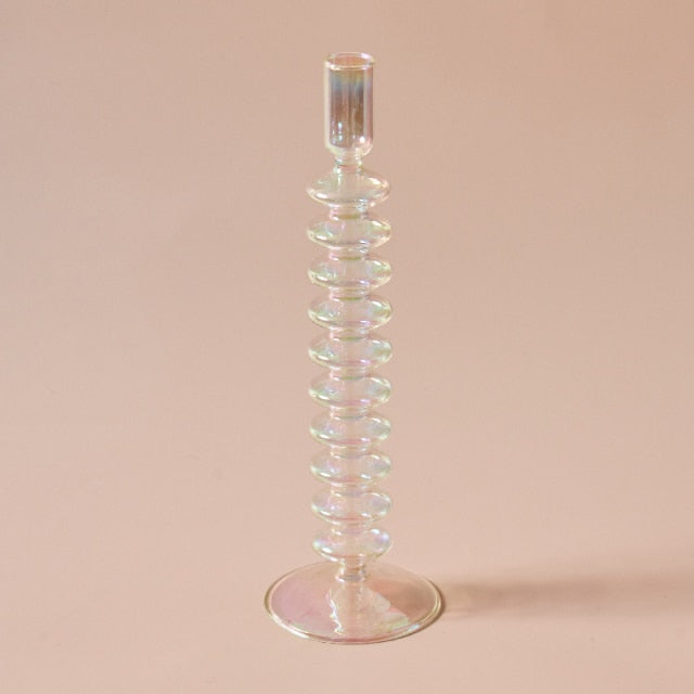 Clear Iridescent Rainbow Glass Taper Candle Holders & Vases