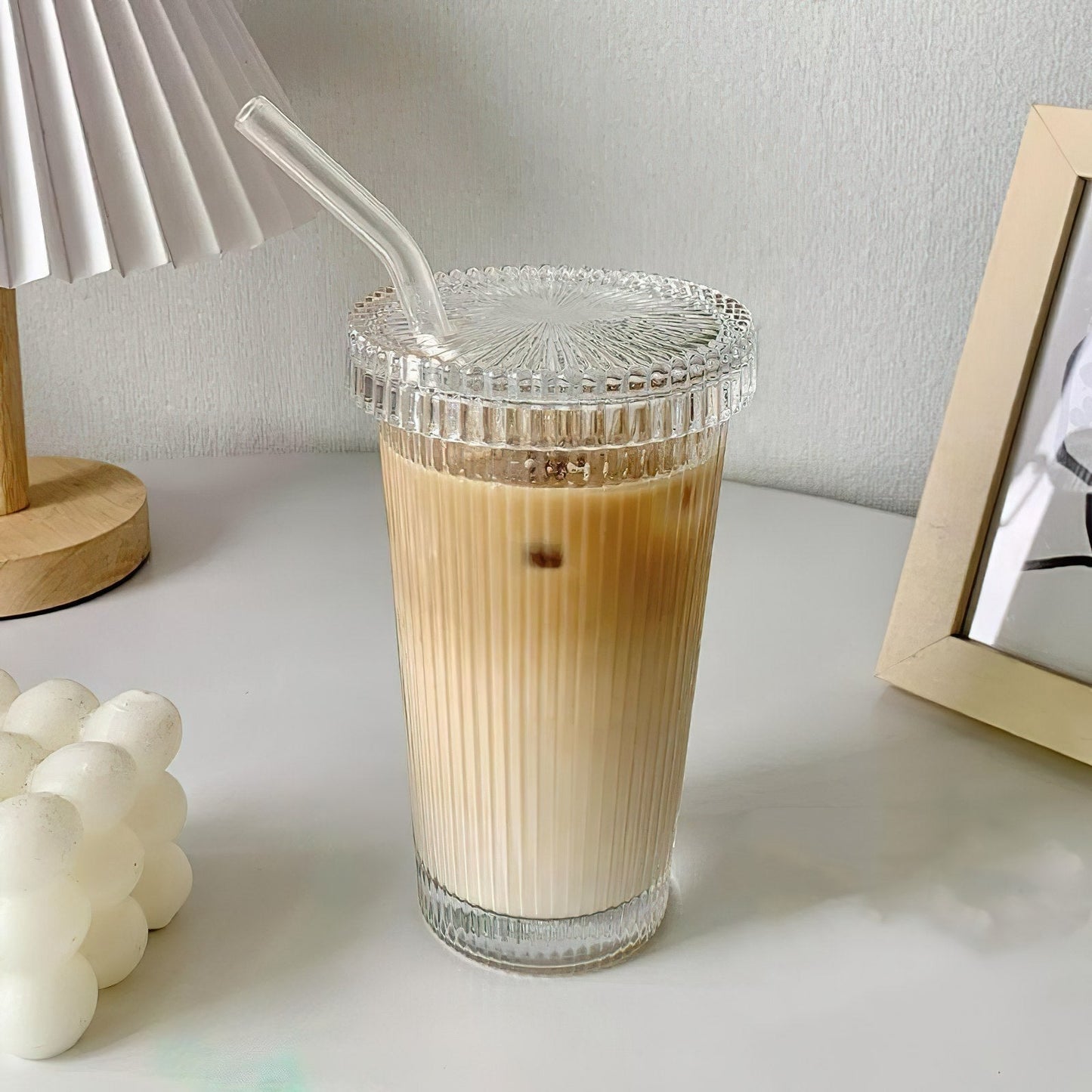 Ridged Glass Cup with Straw