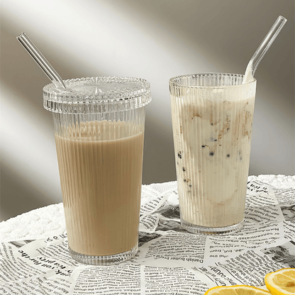 Ridged Glass Cup with Straw