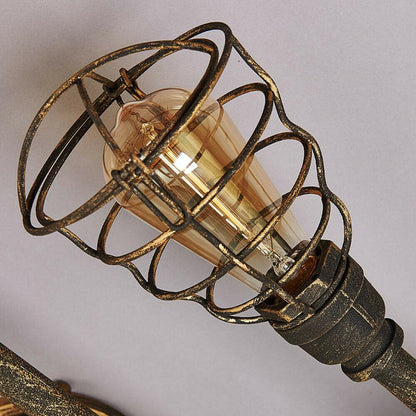 Rustic Industrial Semi Flush Ceiling Light – Steampunk Pipe Fixture with Cage Shade