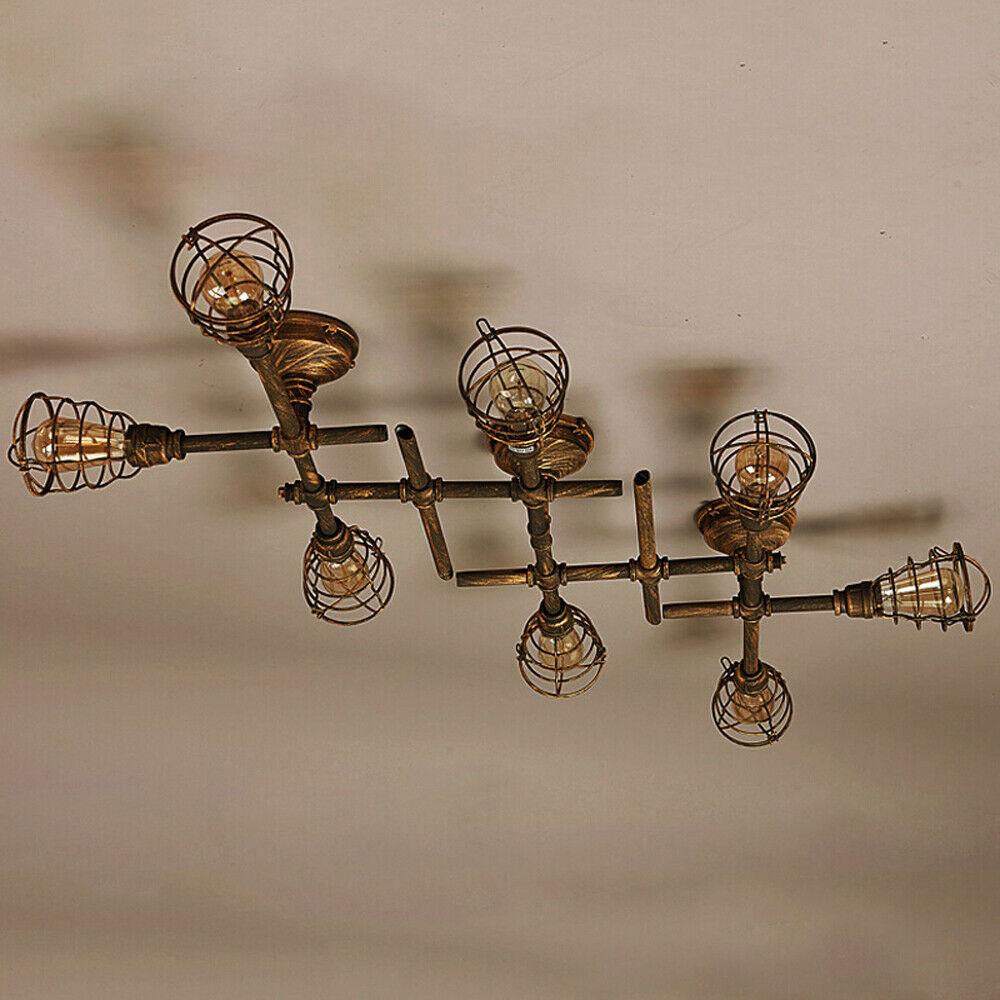 Rustic Industrial Semi Flush Ceiling Light – Steampunk Pipe Fixture with Cage Shade