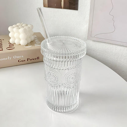 Sunflower Ridged Glass Cup with Straw