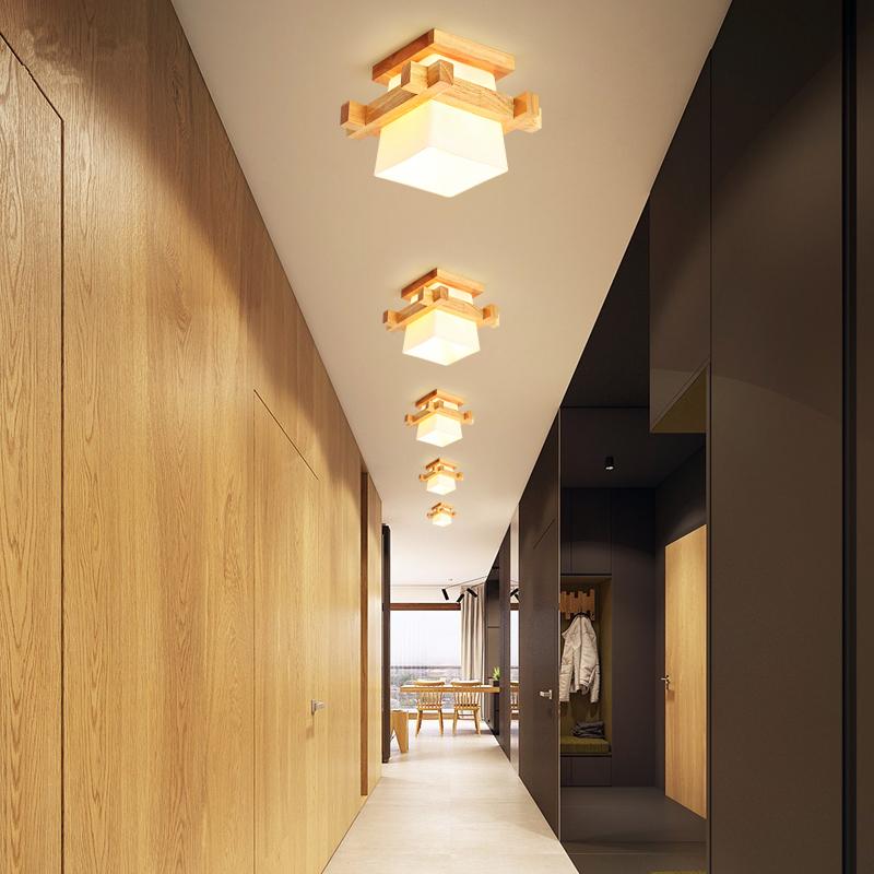 Tatami Japanese Ceiling Light for Home Lighting Glass Lampshade E27 LED Ceiling Lamp Wood Base Hallways Porch Fixtures