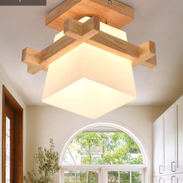 Tatami Japanese Ceiling Light for Home Lighting Glass Lampshade E27 LED Ceiling Lamp Wood Base Hallways Porch Fixtures