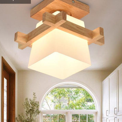 Tatami Japanese Ceiling Light for Home Lighting Glass Lampshade E27 LED Ceiling Lamp Wood Base Hallways Porch Fixtures