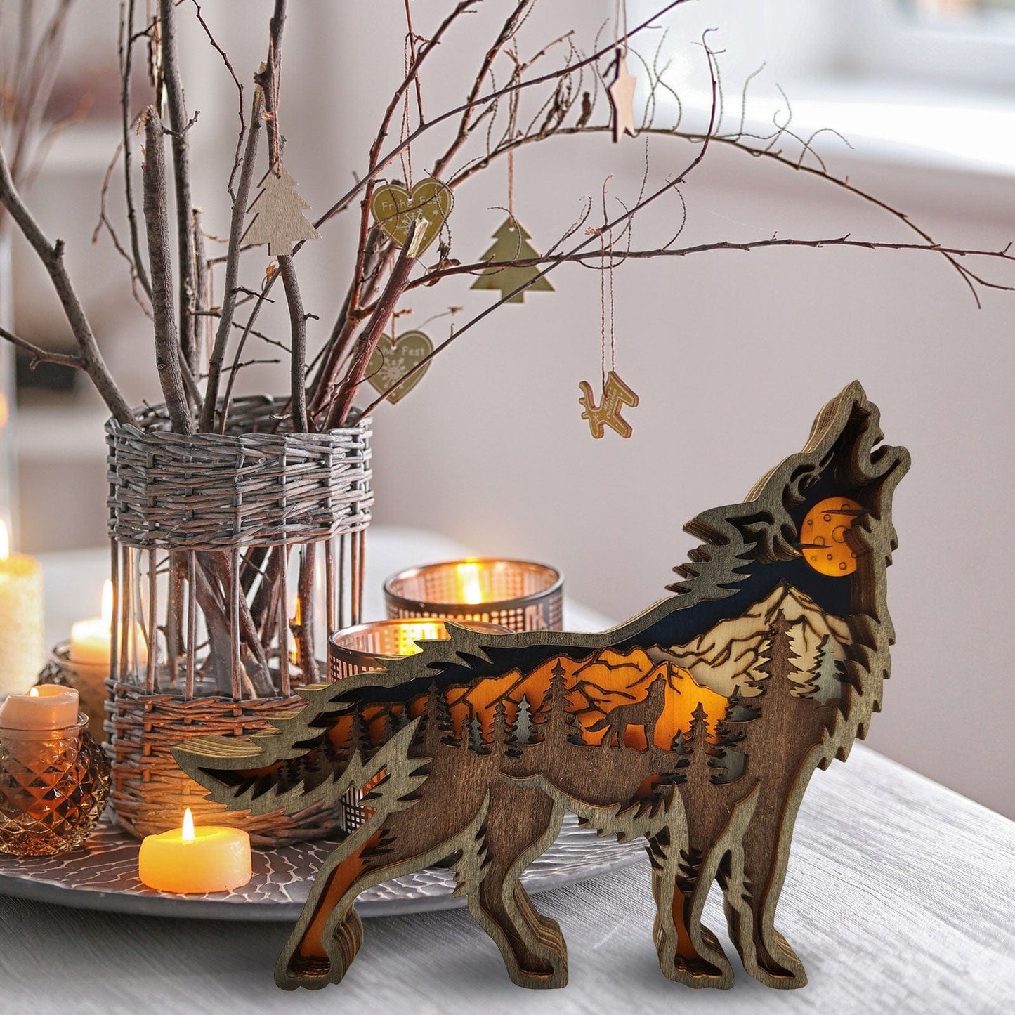 Wooden Wolf Figurine with LED Lights