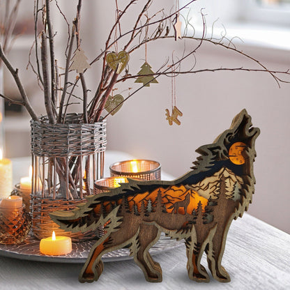 Wooden Wolf Figurine with LED Lights