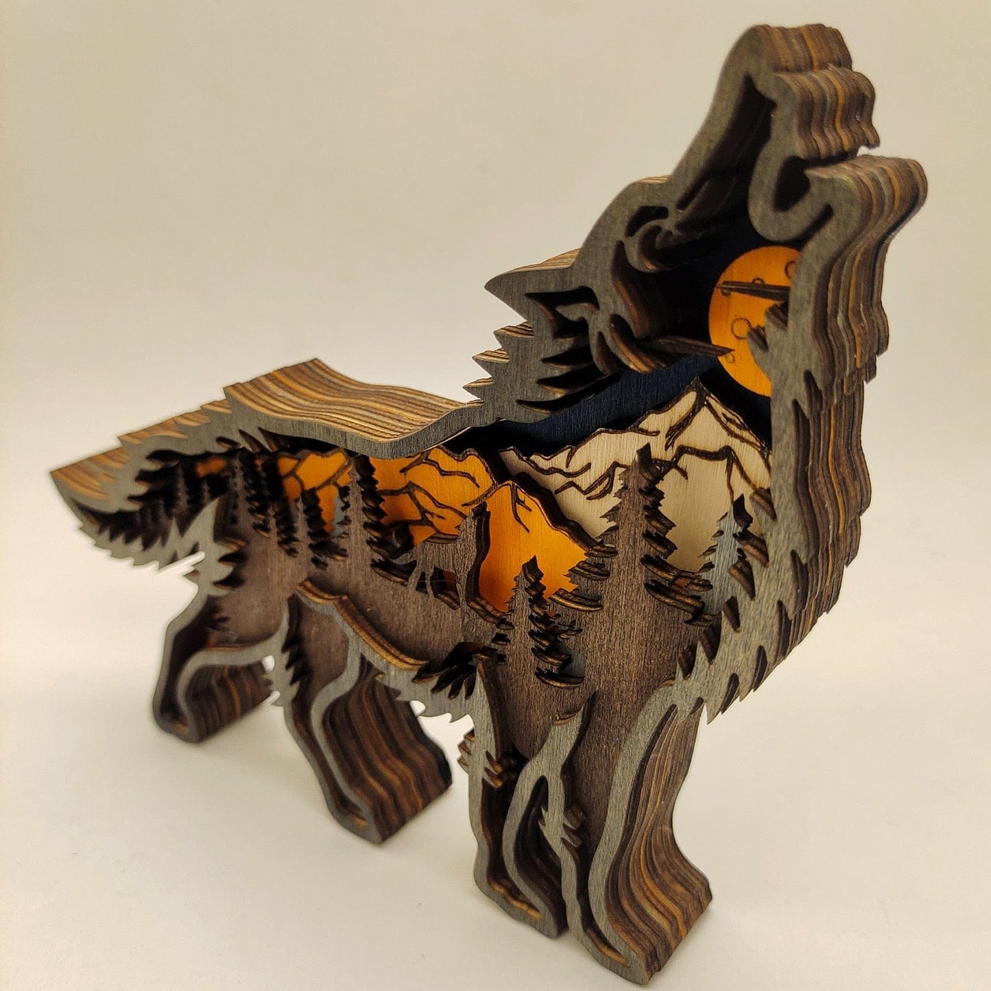 Wooden Wolf Figurine with LED Lights