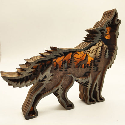 Wooden Wolf Figurine with LED Lights